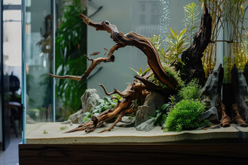 A captivating nature aquarium with underwater plants, driftwood, rocks, and fish, showcasing a harmonious aquascape design