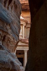 Fototapeta na wymiar View of the Treasury of Petra from the entrance canyon, Wadi Musa, Jordan.