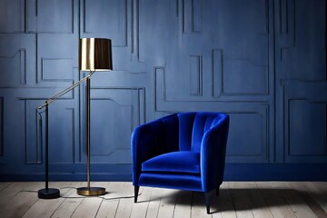 A deep cobalt blue armchair paired with a modern metallic floor lamp.
