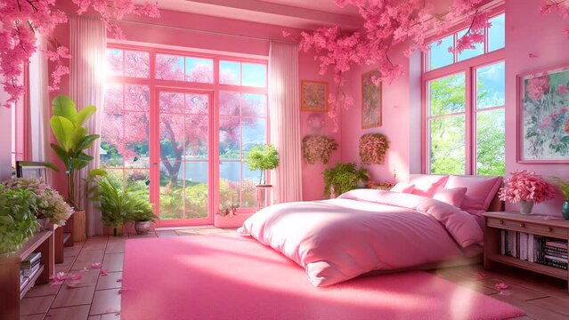 Beautiful bedroom decoration for girls. Seamless looping 4k time-lapse virtual video animation background 
