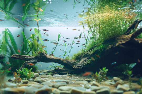 A captivating nature aquarium with underwater plants, driftwood, rocks, and fish, showcasing a harmonious aquascape design
