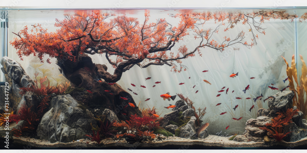 Wall mural A captivating nature aquarium with underwater red color plants, driftwood, rocks, and fish, showcasing a harmonious aquascape design