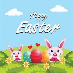 happy easter with illustration of three easter eggs and two bunnies