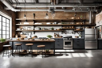 An urban loft kitchen with  pipes, concrete countertops, and open shelves showcasing a collection of city-inspired decor.
