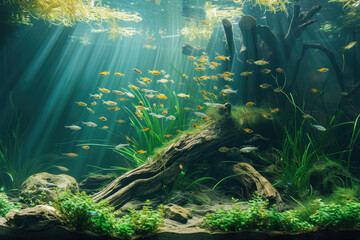 A captivating nature aquarium with underwater plants, driftwood, rocks, and fish, showcasing a harmonious aquascape design - obrazy, fototapety, plakaty