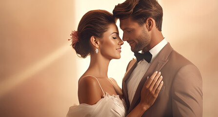 bride and groom on light background with copy space