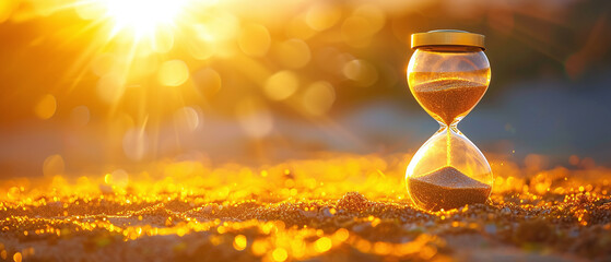Hourglass on Golden Sunset Background Concept