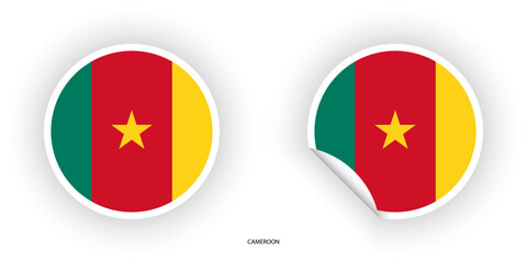 Cameroon sticker flag set in circle shape and circular shape with peel off on white background.