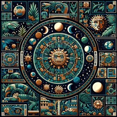 Fototapeta na wymiar ancient maya tribe seamless pattern sun and moon art tapestry design stone carvings and pottery decorations