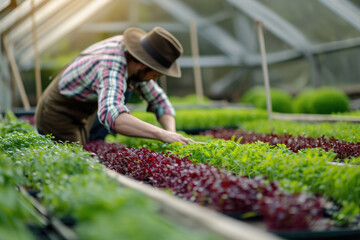 a farmer in the greenhouse with microgreens