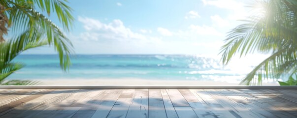 Fototapeta na wymiar Beautiful scenery: empty white wooden table with tropical beach view, blurred bokeh out of open window, product display, defocus bokeh, blurred background sea with sunlight. product display template