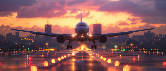 Commercial Airplane Landing at Sunset - obrazy, fototapety, plakaty