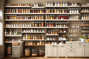 A kitchen with a walk-in pantry, neatly organized with shelves of ingredients, jars, and labeled storage containers.