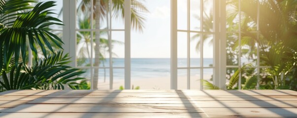 Fototapeta na wymiar Beautiful scenery: empty white wooden table with tropical beach view, blurred bokeh out of open window, product display, defocus bokeh, blurred background sea with sunlight. product display template