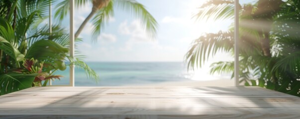 Beautiful scenery: empty white wooden table with  tropical beach view, blurred bokeh out of open window, product display, defocus bokeh, blurred background sea with sunlight. product display template