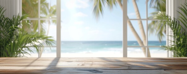 Beautiful scenery: empty white wooden table with  tropical beach view, blurred bokeh out of open window, product display, defocus bokeh, blurred background sea with sunlight. product display template