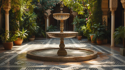 A mosaic fountain in the center of the courtyard trickles softly, its soothing sound echoing...