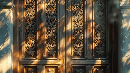 Papier Peint photo Europe méditerranéenne Wooden shutters adorned with intricate carvings frame windows, casting delicate patterns of light and shadow on the stucco walls.