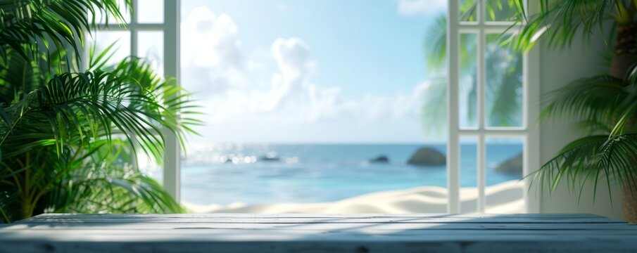 Fototapeta Beautiful scenery: empty white wooden table with  tropical beach view, blurred bokeh out of open window, product display, defocus bokeh, blurred background sea with sunlight. product display template