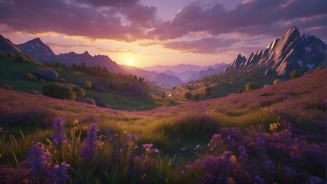 sunset in the mountains, purple landscape, desktop wallpaper