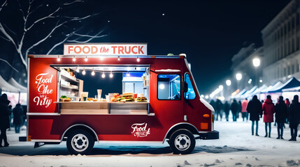 Food truck in the city festival winter night, photo shoot, bright tone