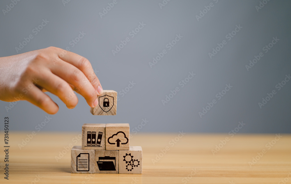 Aufkleber cybersecurity Protection and data security concept with document icon in wooden cube for document management digital file data online records keeping, database technology, file access, and doc sharing