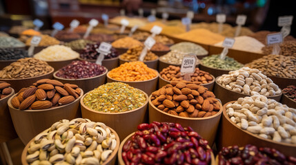 Fototapeta premium Variety of nuts and seeds at a market.