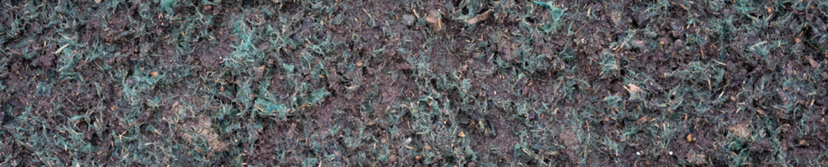 Closeup of professionally applied hydroseeding, mix of grass seed and wood pulp freshly applied to dirt in a new residential community
