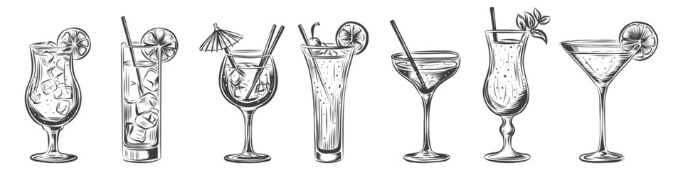 Alcoholic drinks set. Glass of margarita, brandy, vermouth, whiskey, cocktail, LIQUOR, vodka, tequila, cocktail umbrella Isolated black and white vintage engraving. Hand drawing. Vector illustration