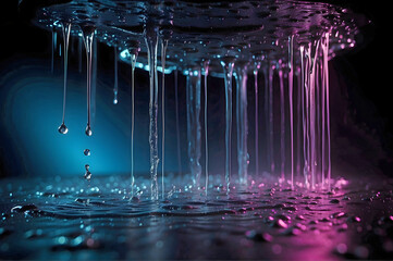 Abstract Water Drops from a Black Surface with Multi Color Background Lighting
