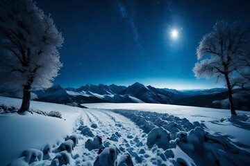 A serene, moonlit night over a snow-covered landscape, with stars twinkling brightly in the clear sky.