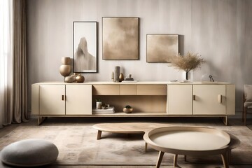 A stylish cream-colored sideboard adorned with minimalist decor, adding an element of sophistication to the ambiance of a well-appointed living room interior.