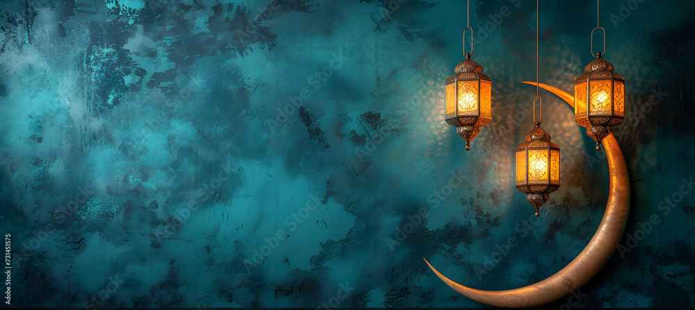 Wall mural ramadan islamic greeting card with crescent moon decoration and lanterns, with copy space area banne