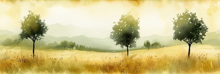 watercolor landscape with trees - obrazy, fototapety, plakaty
