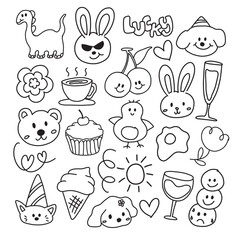 Outlines of dinosaur, rabbit, bear, cupcake, cherry, flowers, coffee, fried egg, ice cream cone for colouring book, black and white sticker, fabric print, decorations, tattoo, clip arts, kids drawing