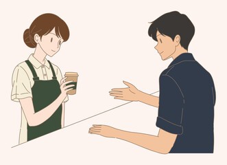 Barista wearing apron, holding, serving cup of coffee to customer. Hand drawn flat cartoon character vector illustration.