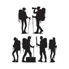 Male and female hiker set. hiking man and woman with rucksacks silhouette. Backpacker and climber people.