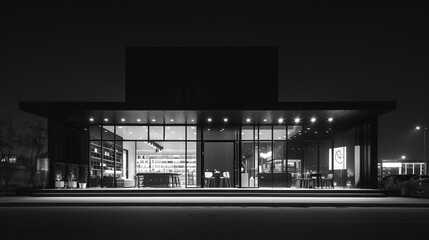 Exterior of a modern furniture store, innovative, functional, aesthetic, spacious, urban, DSLR. Standard lens, evening, product photography, black and white film.