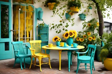 A sunflower yellow chair and a turquoise table in a cheerful outdoor patio setting.