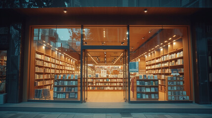Front view of a modern bookstore, spacious, welcoming, organized, bright, metropolitan, DSLR. Telephoto lens, dusk, urban photography, color film.