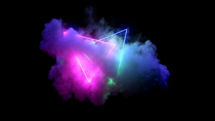 Glowing Neon Geometric Graphic Design Element Inside Dark Volumetric 3D Cloud