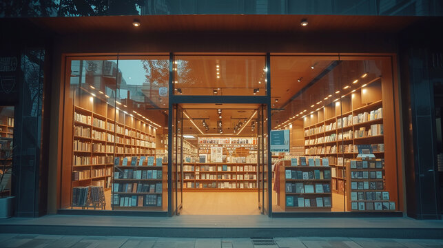 Fototapeta Front view of a modern bookstore, spacious, welcoming, organized, bright, metropolitan, DSLR. Telephoto lens, dusk, urban photography, color film.