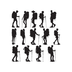 Obraz premium Male and female hiker set. hiking man and woman with rucksacks silhouette. Backpacker and climber people.