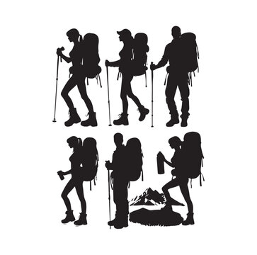 Male and female hiker set. hiking man and woman with rucksacks silhouette. Backpacker and climber people.