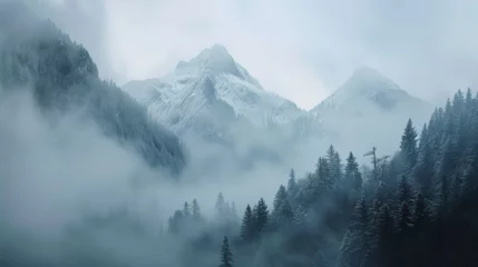 Tableaux ronds sur aluminium Matin avec brouillard Foggy mountain landscape