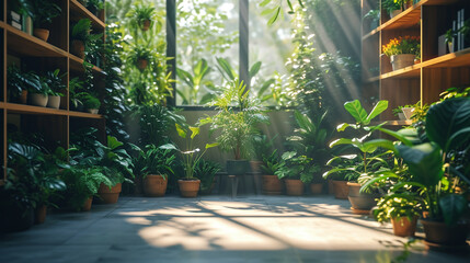 Fototapeta na wymiar A small indoor garden with potted plants and cascading greenery, bringing a touch of nature into the workspace.
