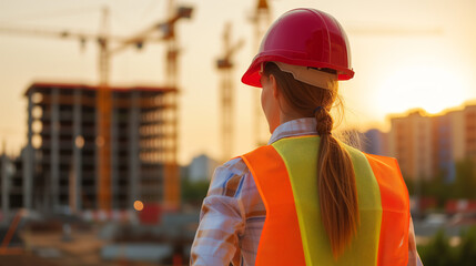 Female project manager supervising construction site with blurred background - obrazy, fototapety, plakaty