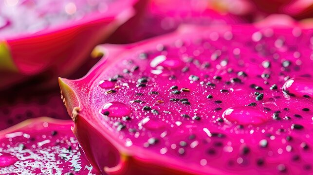 Fresh dragon fruit slices close up, with water drops.