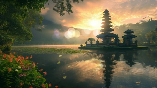 the charm of an Indonesian Balinese temple on the edge of a beautiful lake. seamless looping time-lapse virtual 4k video Animation Background.
