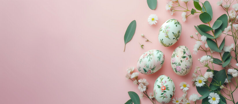 Springtime elegance: floral-patterned easter eggs on pastel background - Powered by Adobe